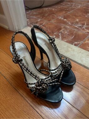 Max studio Braided Knot Slingback Leather Heels in Black and Beige